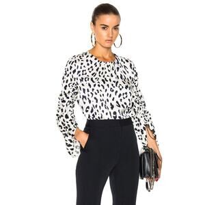 Tibi 100% Silk Leopard Print Ruched Sleeve Blouse Top White/Navy Women's Size 2